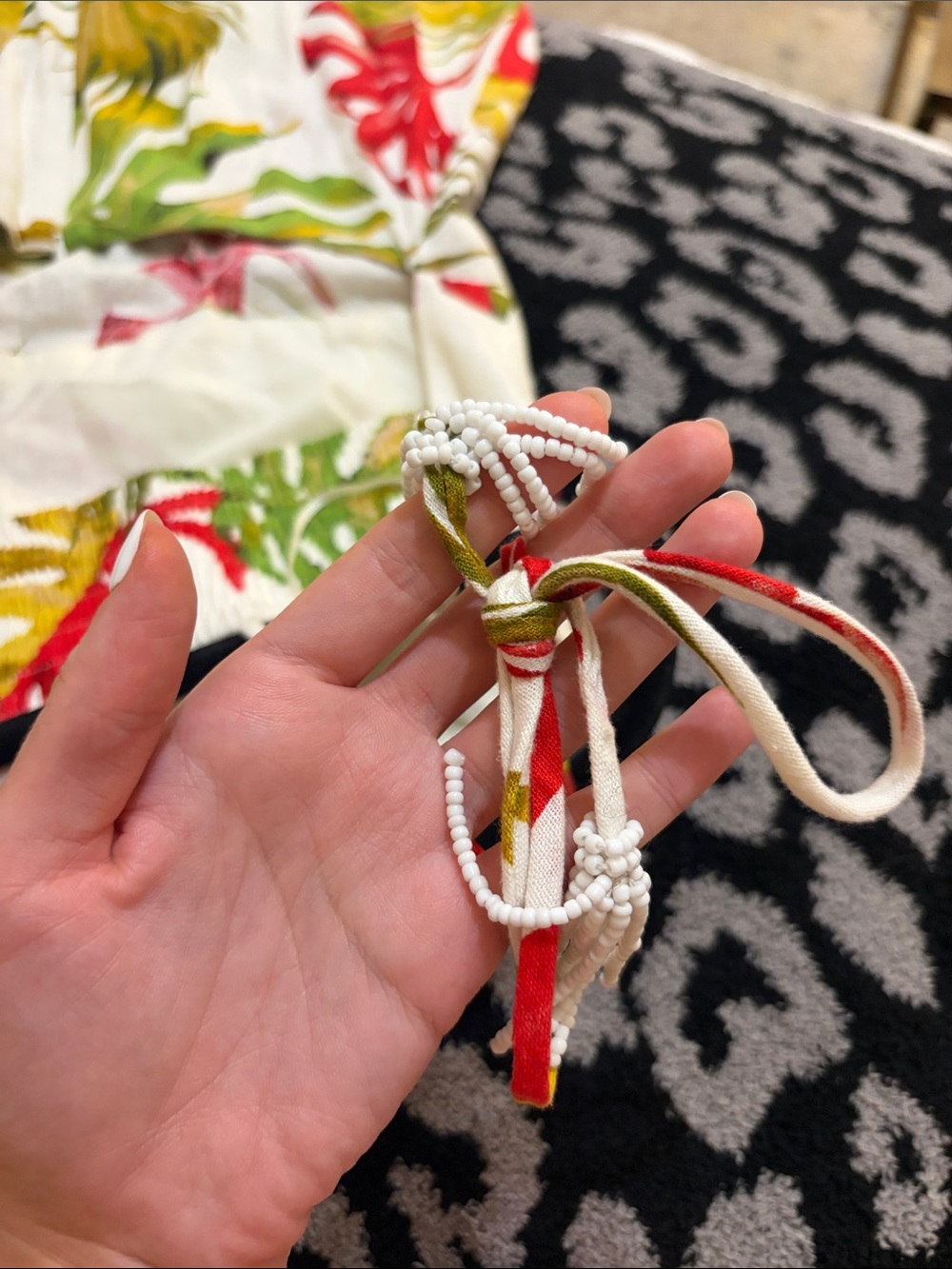 Tropical Print White Midi Dress with Red & Green Leaves - Picture 5 of 5